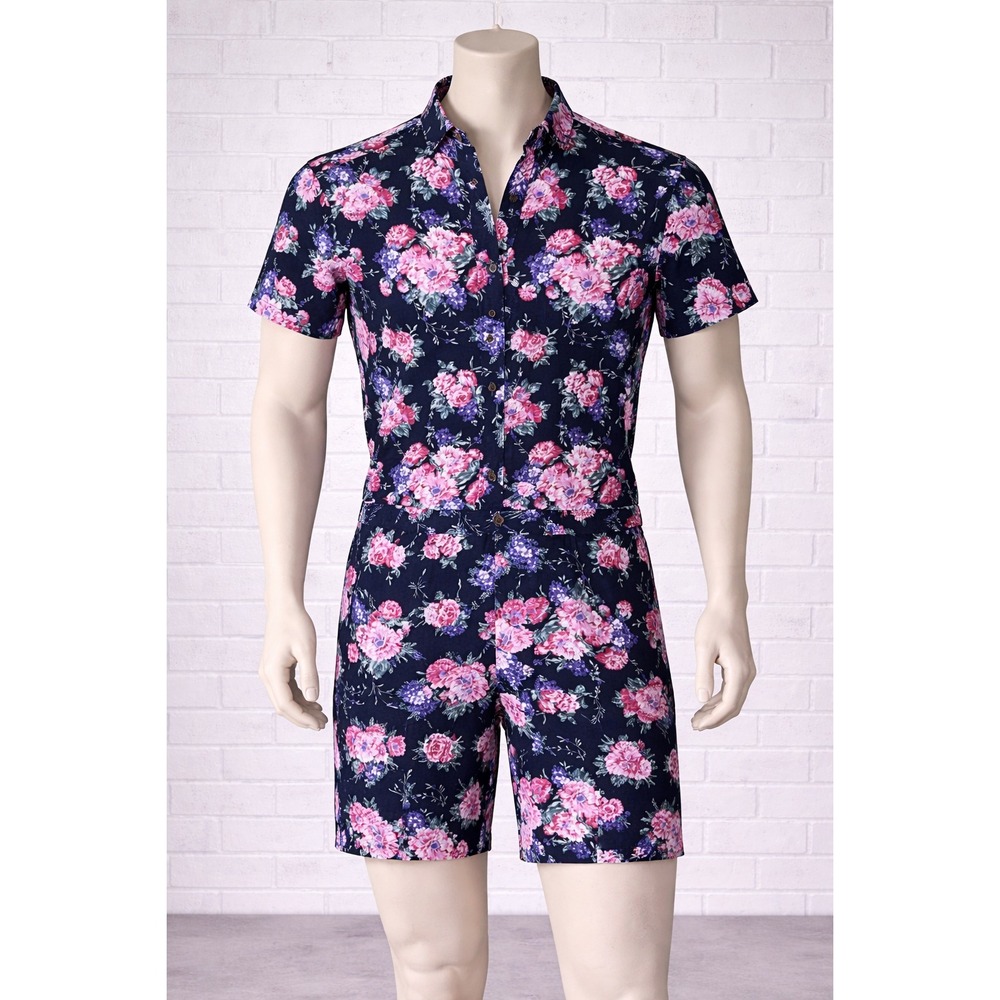 Romper Jack Mens Romper Size S Navy Floral Button Front Short Sleeve One Piece